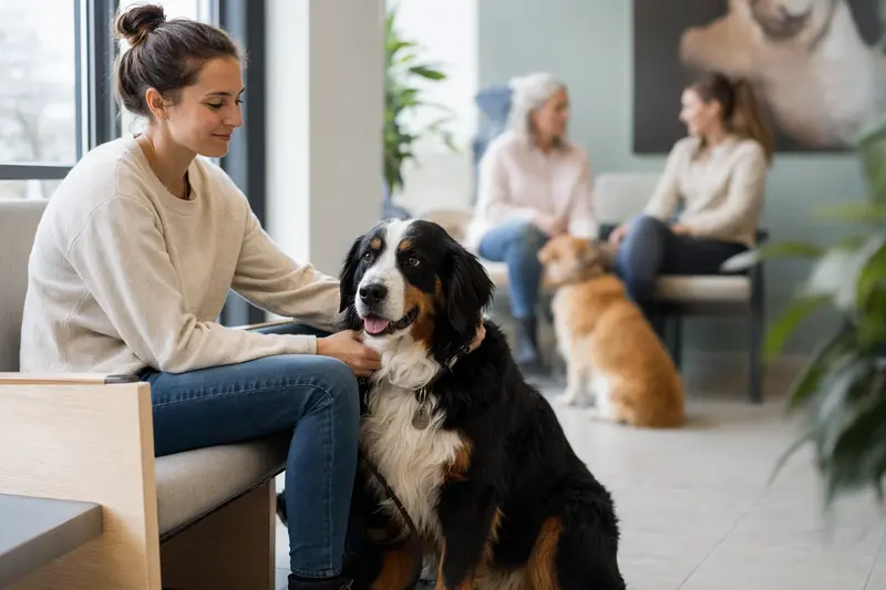 Berner Sennenhund sitzt ruhig neben seinem Besitzer im hellen Wartezimmer einer modernen Tierarztpraxis.